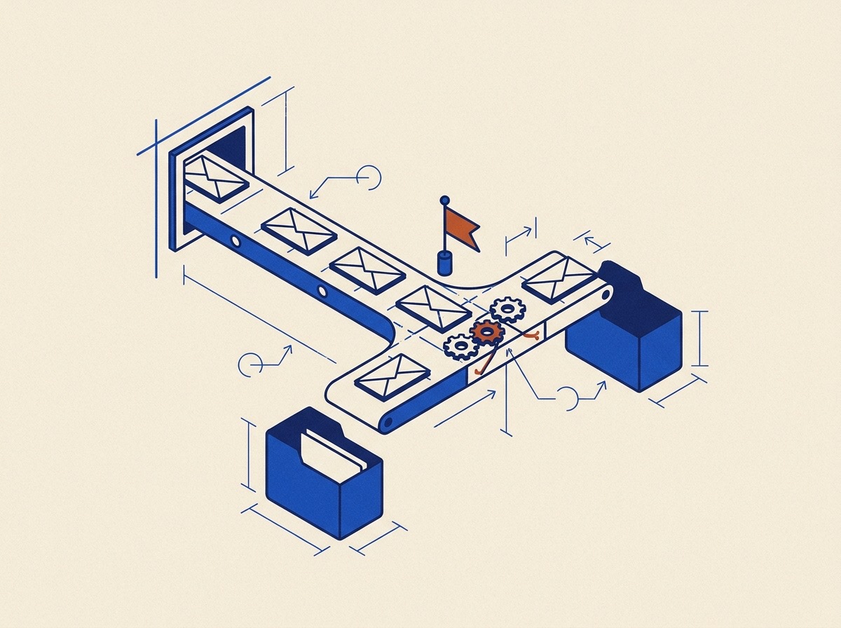 Illustration of a conveyor belt routing envelopes from a mail slot into folder bins
