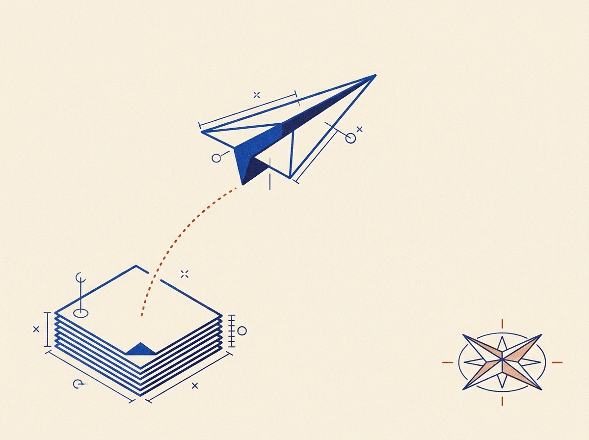 Illustration of a paper airplane lifting off from a stack of documents