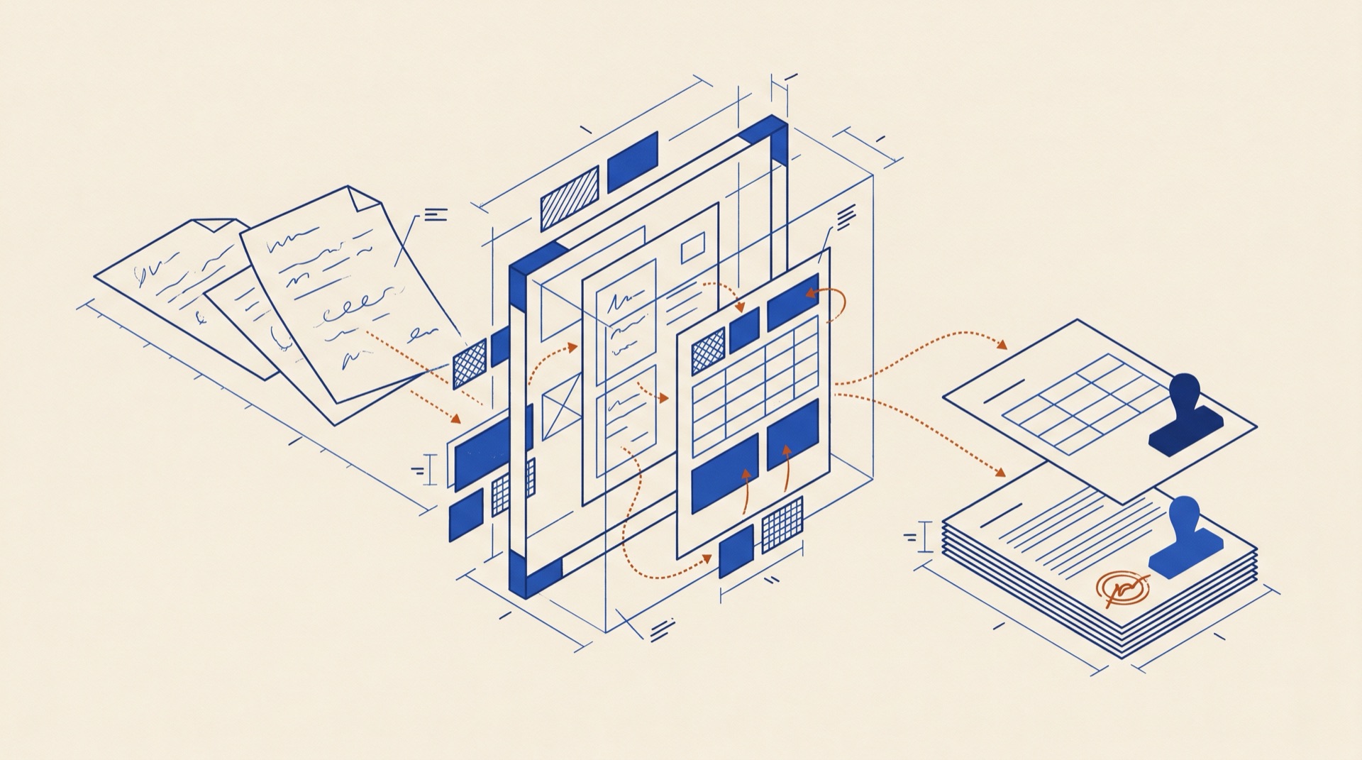 Illustration of a document pipeline: paper sheets entering a drafting frame, becoming structured field tiles, and exiting as a completed stamped document