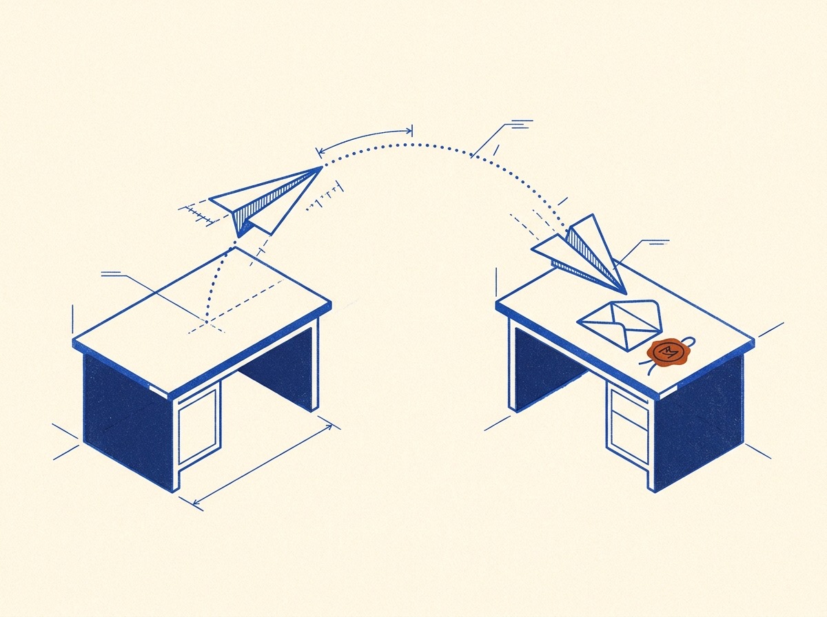 Illustration of a document flying as a paper airplane between two desks