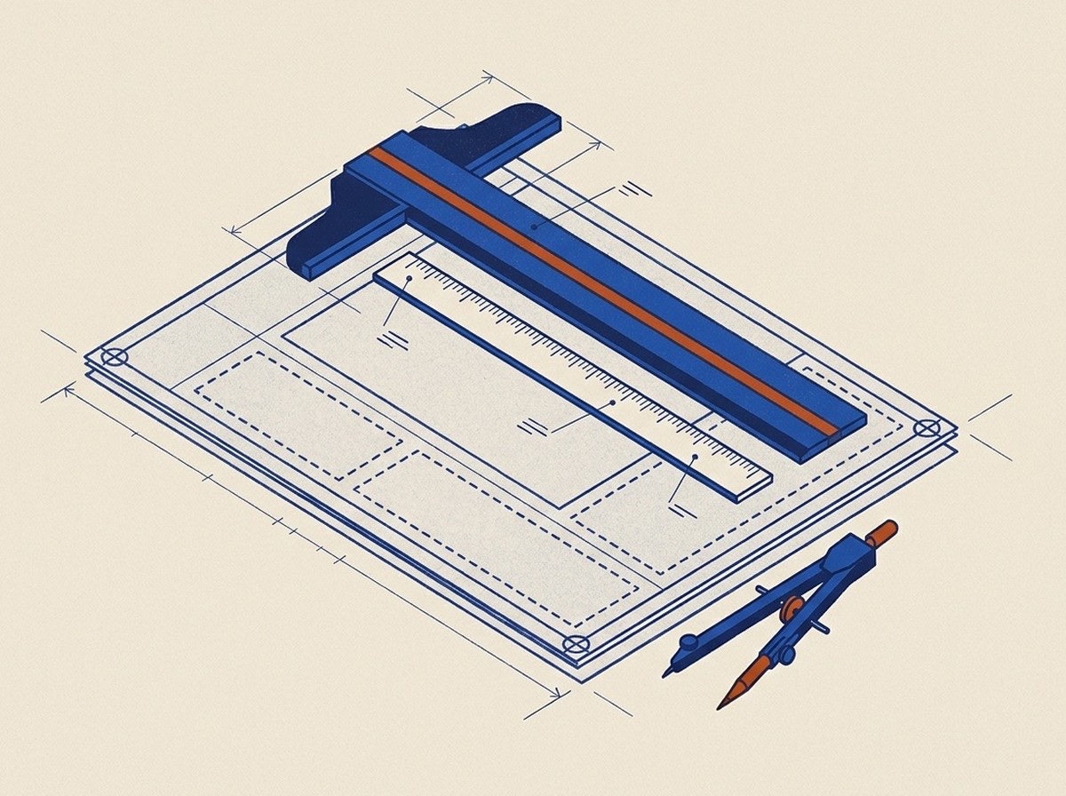 Illustration of a blueprint document under a T-square with dashed field zones