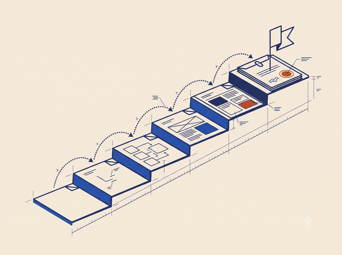 Illustration of a guided learning path: paper step-panels rising left to right, each a more complete document than the last, ending in a stamped packet, connected by dotted route arcs