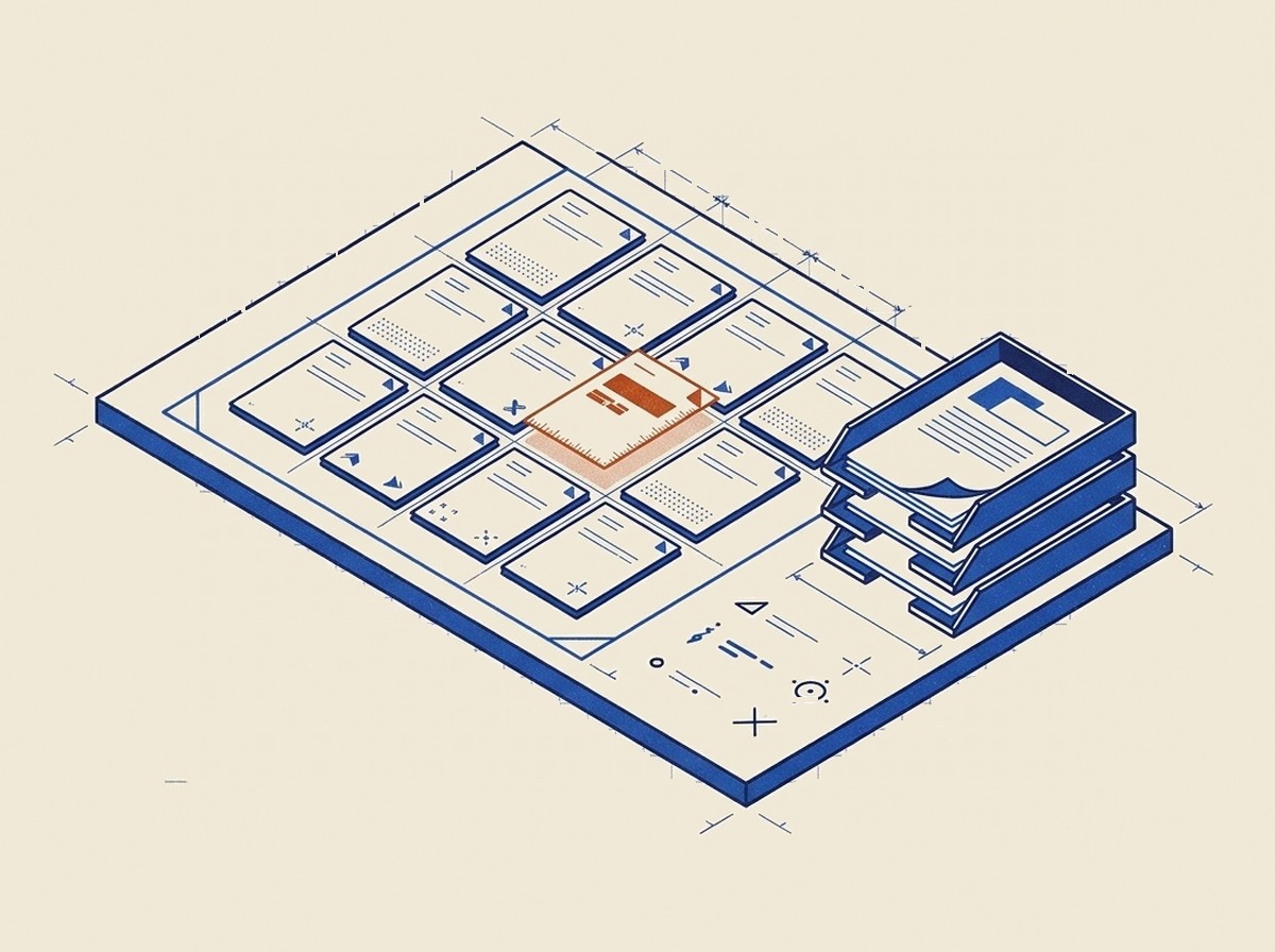 Illustration of a drafting desk with a grid of document cards arranged like a dashboard