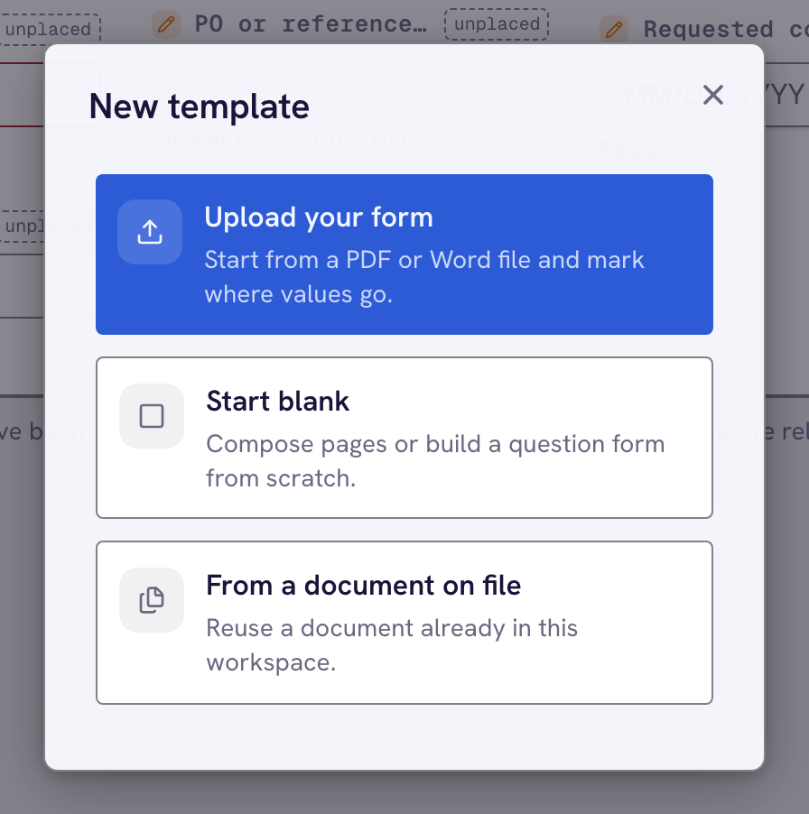 The New template dialog with three starting points: Upload document, Start from scratch, and From a document on file
